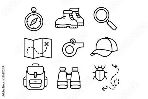 Outlined icons of outdoor hiking gear and adventure equipment