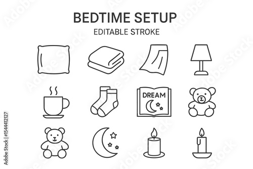 Bedtime setup icons: pillow, blanket, lamp, teddy bear, and more