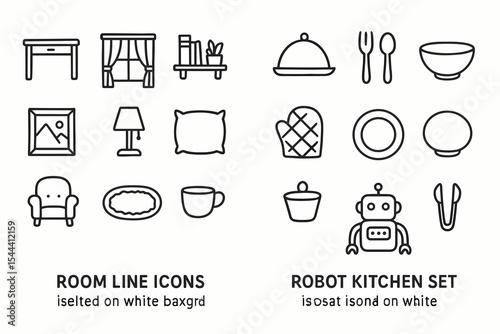 Room and kitchen line icons: furniture, decor, utensils, and robot designs
