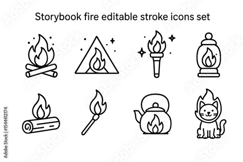 Storybook fire icons set: campfire, torch, lantern, matches, teapot, cat