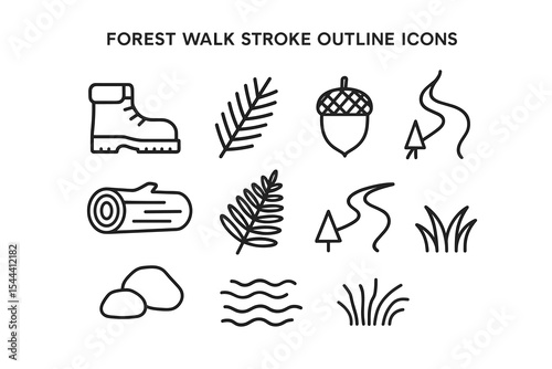 Forest walk icons: boot, acorn, leaf, tree, river, log outline illustrations