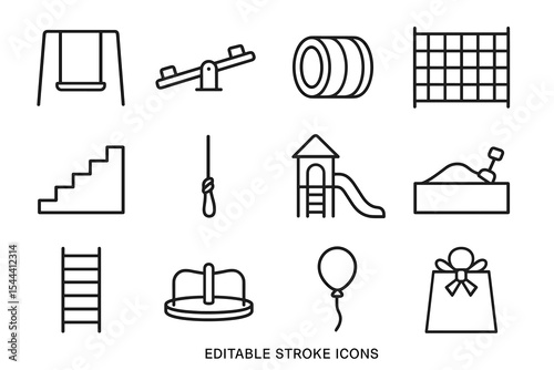 Playground equipment icons: swings, slides, and climbing structures in simple line art
