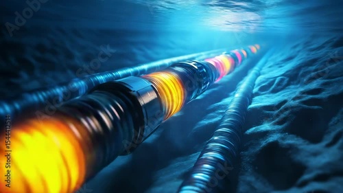 Underwater fiber optic cable glowing vibrant colors on ocean floor showcasing advanced data transmission technology in deep ocean environment
