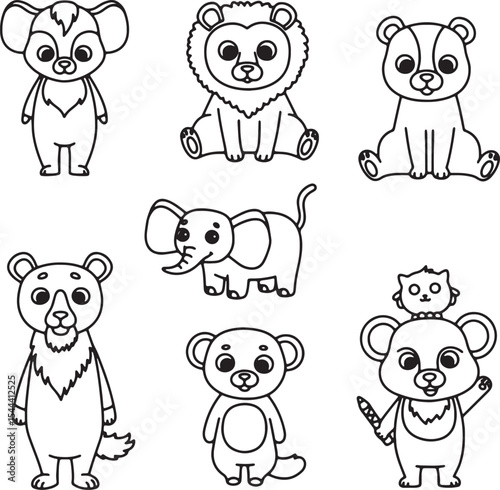 Adorable Cartoon Animals Line Art Coloring Pages for Kids