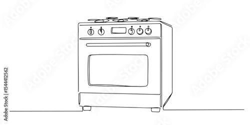 Continuous one line drawing of electric oven with door handle, depicting modern baking and appliances, line art style vector illustration.