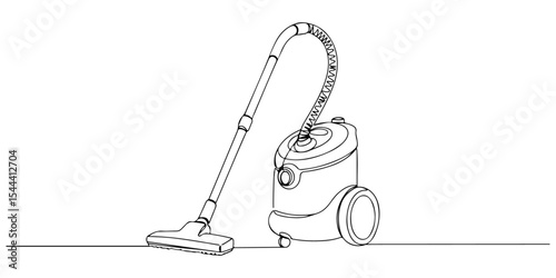 Continuous one line drawing of a vacuum cleaner with wheels, depicting cleanliness and efficiency, line art style vector illustration.