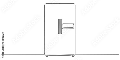 Continuous one line drawing of a refrigerator with double doors, depicting food storage and freshness, line art style vector illustration.