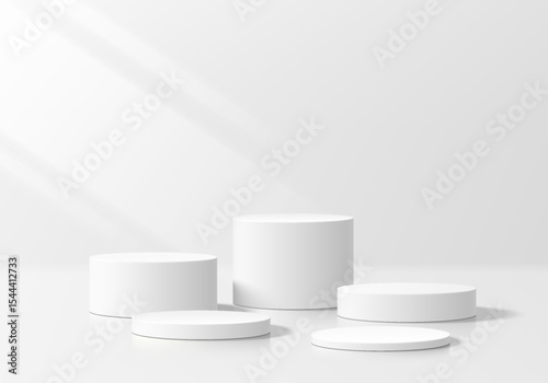 3D white round podium set background with light and shadow. Abstract geometric composition in minimalist design. 3D studio display showroom product pedestal, Fashion stage showcase mockup scene.