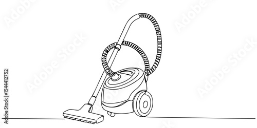 Continuous one line drawing of a vacuum cleaner with wheels, depicting cleanliness and efficiency, line art style vector illustration.