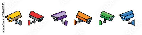 Security camera icon vector showing surveillance system, safety device, CCTV camera, building protection, video monitoring, digital alert, and privacy defense in modern technology design