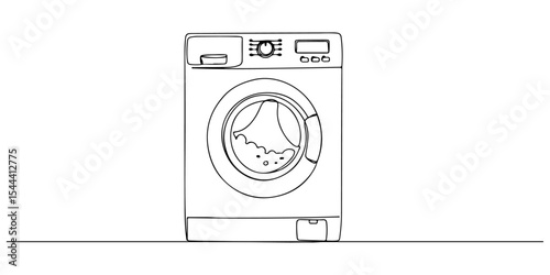 Continuous one line drawing of a washing machine with a circular front door, depicting washing and functions, line art style vector illustration.
