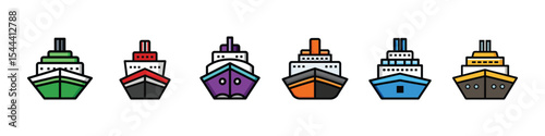 Ship icon vector depicting sea transport, ocean travel, cargo delivery, maritime navigation, cruise boat, sailing vessel, harbor scene, and nautical freight symbol for global logistics