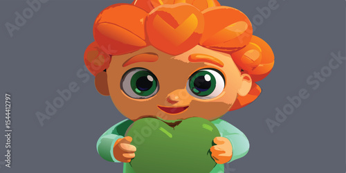 Cartoon character with orange hair holding a green heart shaped object in front of a grey background