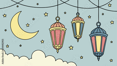 Illustration of crescent moon, stars, clouds and hanging lanterns against a light blue background scene