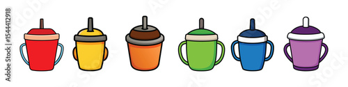 Sippy cup icon set vector showing silicone baby drinkware, toddler training cups, children hydration container, non-spill design, parenting tools, and infant care item illustration