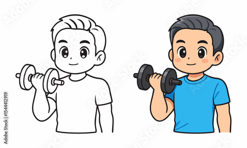 boy holding dumbbell coloring page for kids