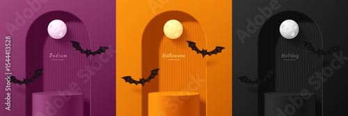 Set of 3D orange, purple and black podium background in Halloween festival with flying bat. Abstract minimalist design. Studio display showroom stands product pedestal, Stage showcase mockup scene.