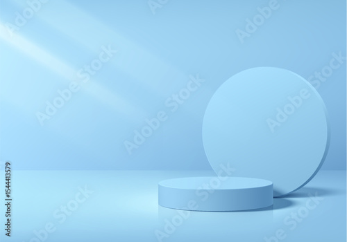 3D blue round podium background with circle backdrop. Abstract geometric composition in minimalist design. Studio display showroom product pedestal, Fashion stage for showcases mockup wall scene.