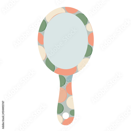 Oval hand mirror with colorful botanical frame on white background