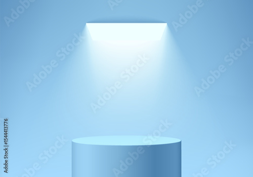 3D blue round podium background with glowing ceiling lighting. Abstract geometric composition in minimalist design. Studio display showroom product pedestal, Fashion stage showcase, Mockup wall scene.