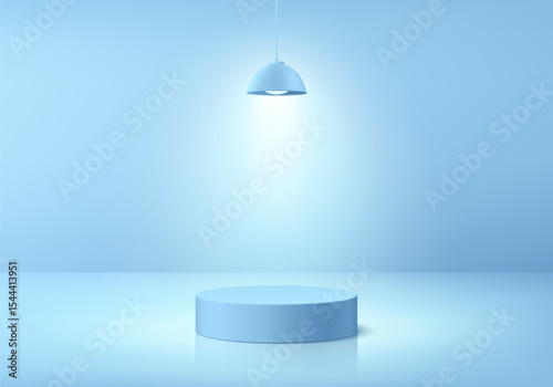 3D round blue podium with glowing ceiling neon lighting background. Abstract composition minimalist design. Studio display showroom stands product pedestal, Fashion stage showcases mockup wall scene.