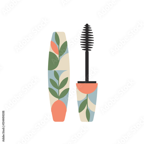 Natural mascara tube with floral pattern and opened applicator on white