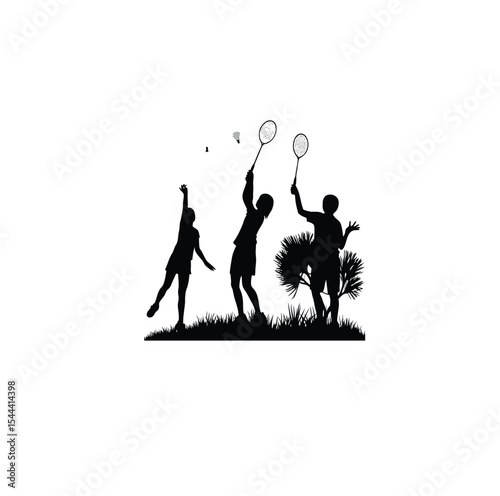 Silhouette of people playing badminton in the backyard on white background
