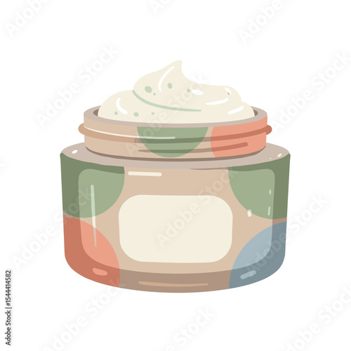Jar of face cream with natural decorative packaging in flat style

