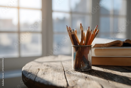 Wooden Table, Pencils, Books, Sunlight
