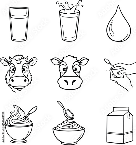 Black-and-White Vector Icons of Dairy and Dessert-Themed Objects – A 3x3 Grid Featuring Milk, Cows, and Ice Cream Elements
