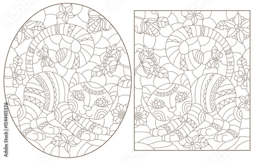 A set of contour illustrations of stained glass Windows with cats on a background of flowers, dark contours on a white background