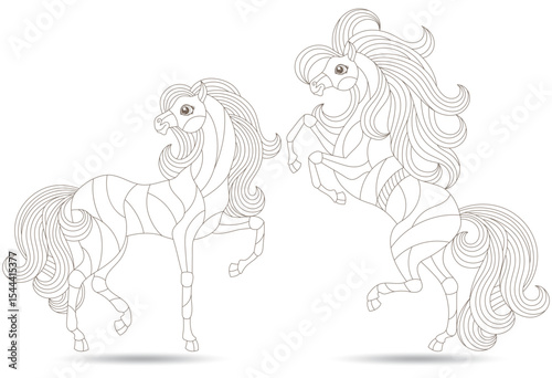 A set of contour illustrations in the style of a stained glass window with cute horses, dark outlines on a white background