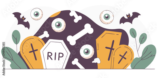 Illustration of halloween scene with tombstones bones eyeballs and bats on a white background design