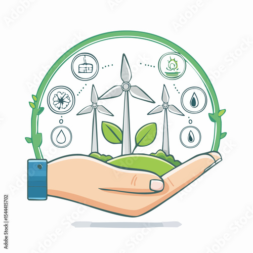 A hand cradles a renewable energy scene with wind turbines and ecological icons within a green circle