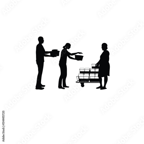 Volunteers distributing food packages to the needy on white background