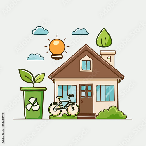 Cartoon house with recycling bin bike lightbulb leaf  clouds
