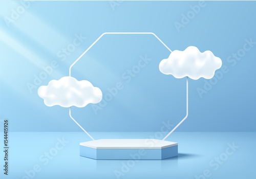 3D Blue hexagon podium with white frame and cloud background. Abstract geometric composition minimalist design. Studio display showroom stands product pedestal, Fashion stage showcase mockup scene.