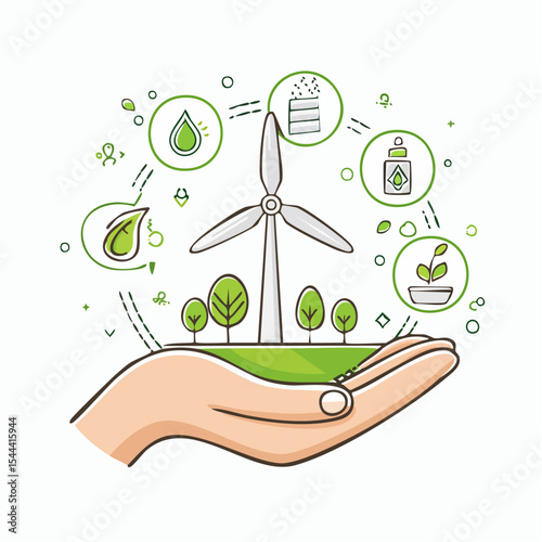 Open hand holding green landscape with trees  windmill surrounded by sustainability icons