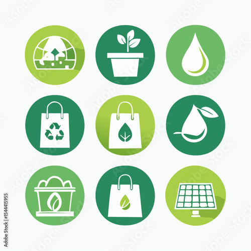 Nine green ecofriendly icons on a white background are arranged in a 3x3 grid