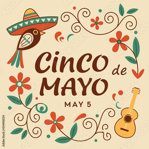 Cinco de Mayo, May 5, federal holiday in Mexico. Fiesta vector square banner design with Mexican floral traditional elements. Ornate folk graphic. Lettering ornamental sign for poster, greeting card
