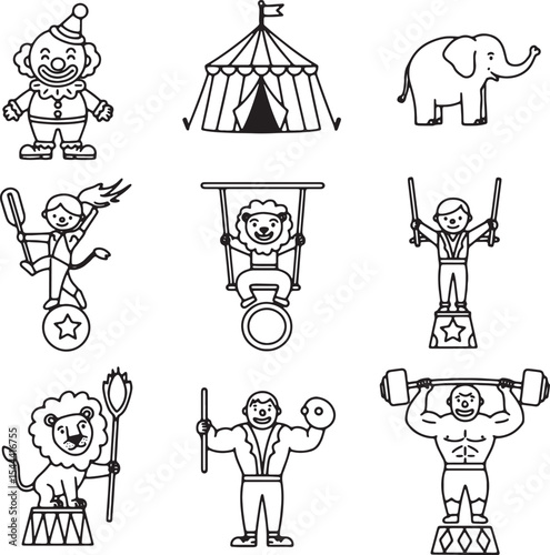 Circus Icons  A Collection of Line Art Illustrations Featuring Clowns, Animals, and Strongmen