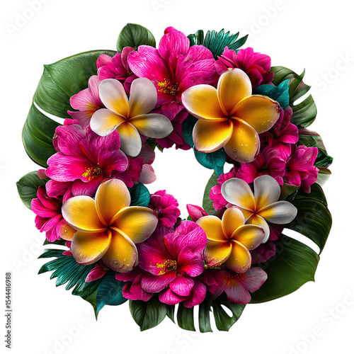 Tropical mix of blossoms, circular garland with island vibe, isolated on transparent background