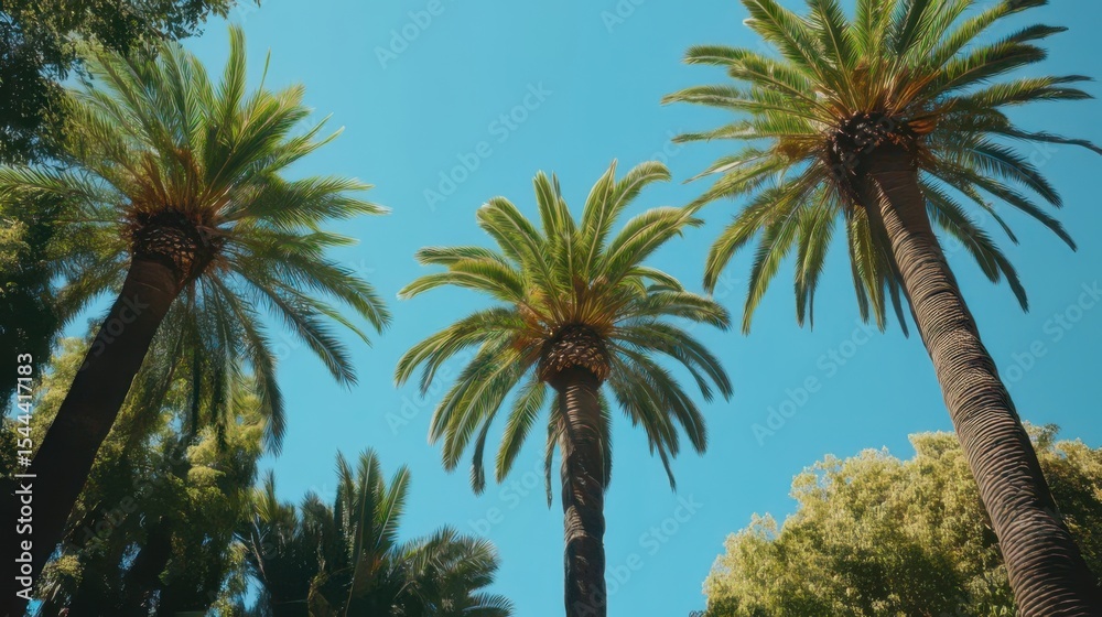 Fototapeta premium Palm trees reaching for the clear blue sky on a sunny day