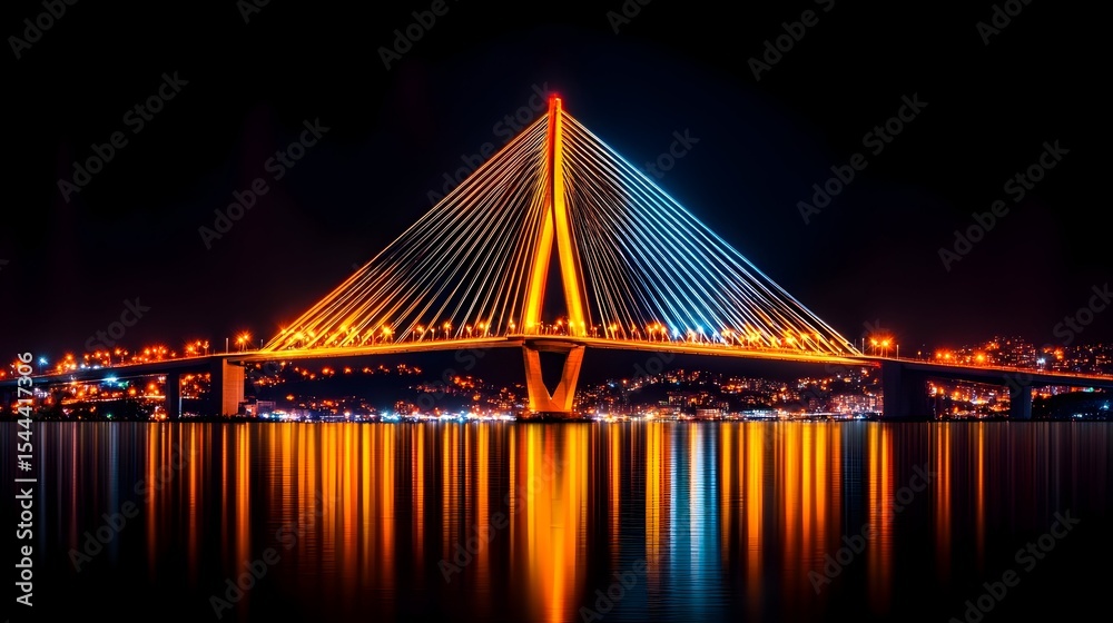 Obraz premium Illuminated cable-stayed bridge at night, city reflection