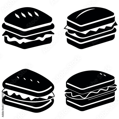 Four Black and White Silhouette Sandwich Illustrations with Different Bread and Filling Styles