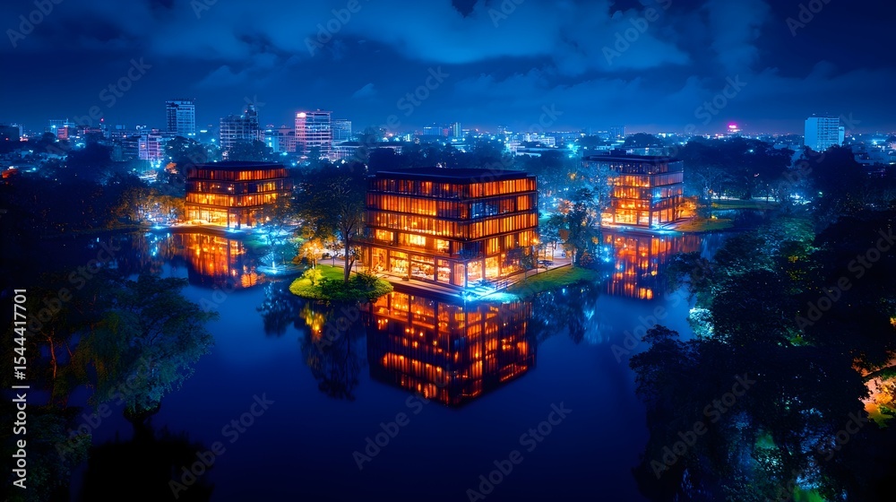 Fototapeta premium Night aerial view illuminated lake buildings, city skyline