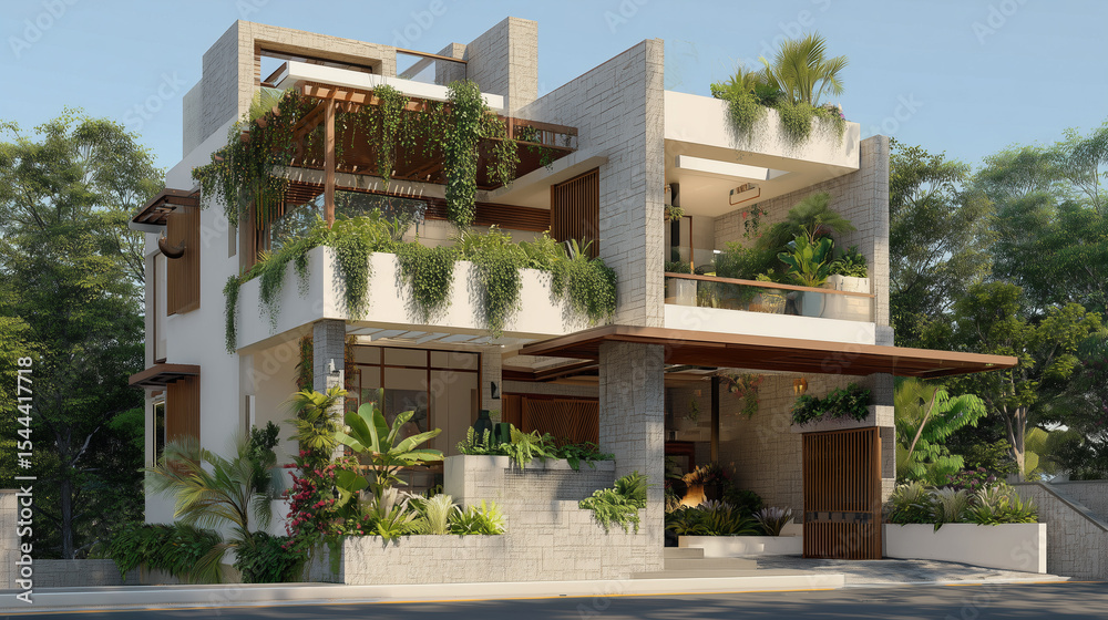 Fototapeta premium Multi-level modern home with rooftop garden