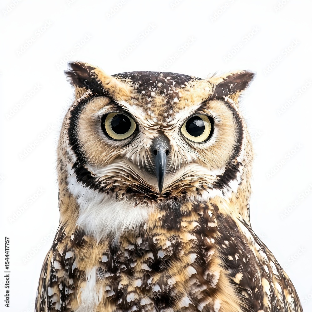 Fototapeta premium Spotted Eagle Owl Close Up on White Background