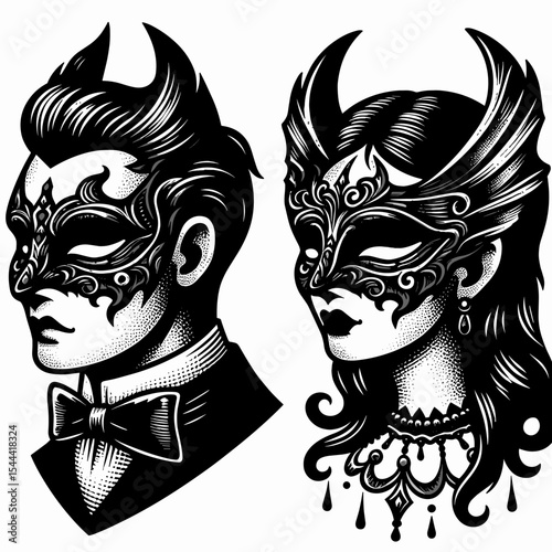 Woman and man in ornate masquerade mask