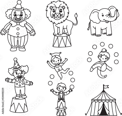 Circus Animals, Clowns, and Tent A Whimsical Black and White Illustration Set